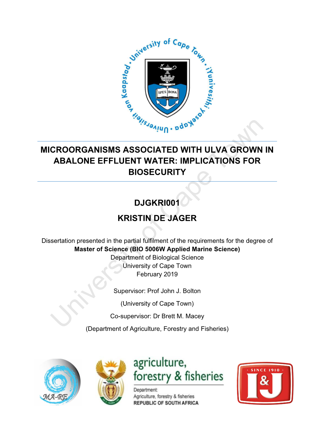 Microorganisms Associated with Ulva Grown in Abalone Effluent Water: Implications for Biosecurity