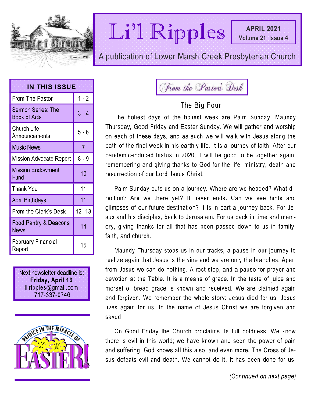 APRIL 2021 Li’L Ripples Volume 21 Issue 4 a Publication of Lower Marsh Creek Presbyterian Church