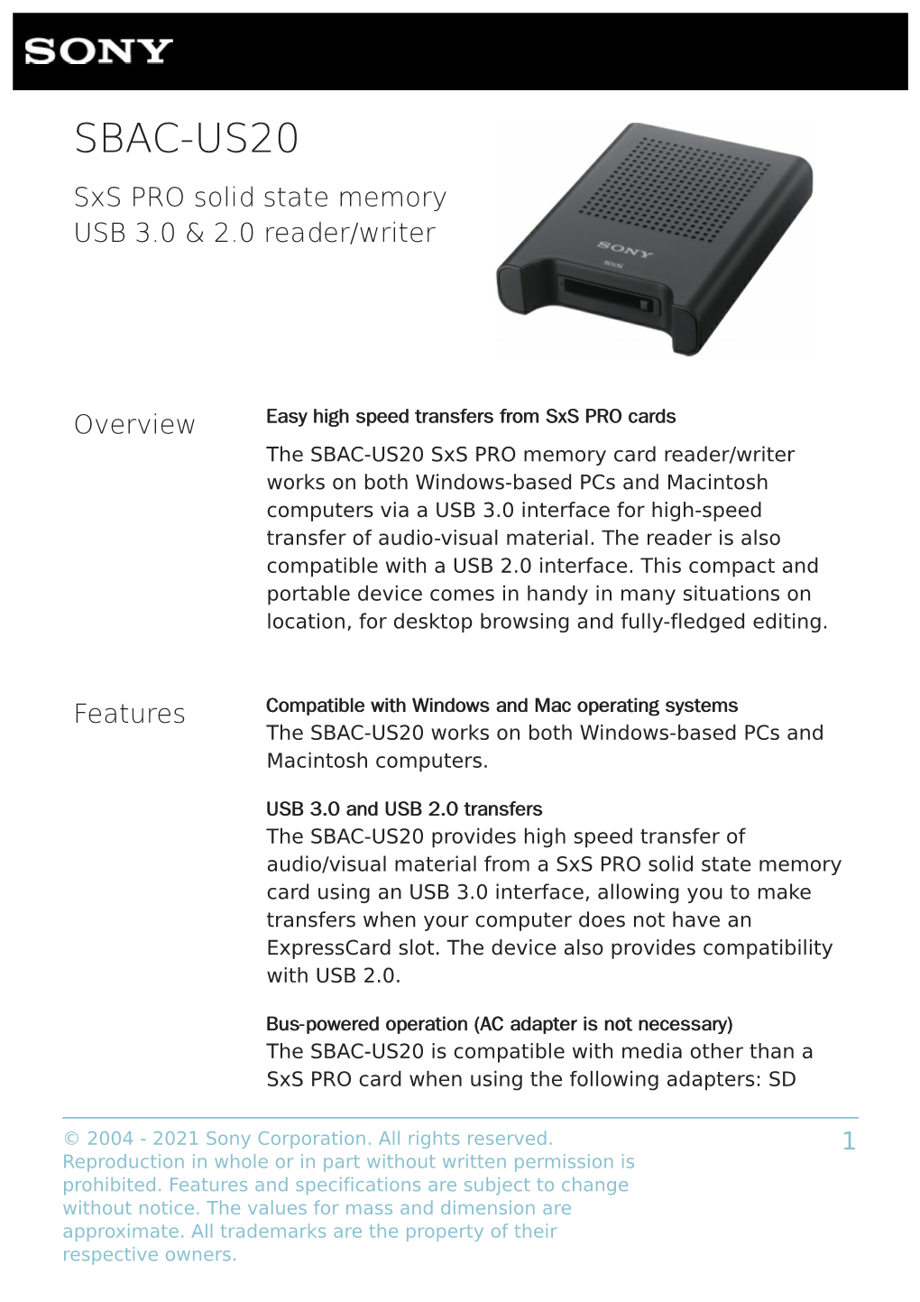 SBAC-US20 Sxs PRO Solid State Memory USB 3.0 & 2.0 Reader/Writer