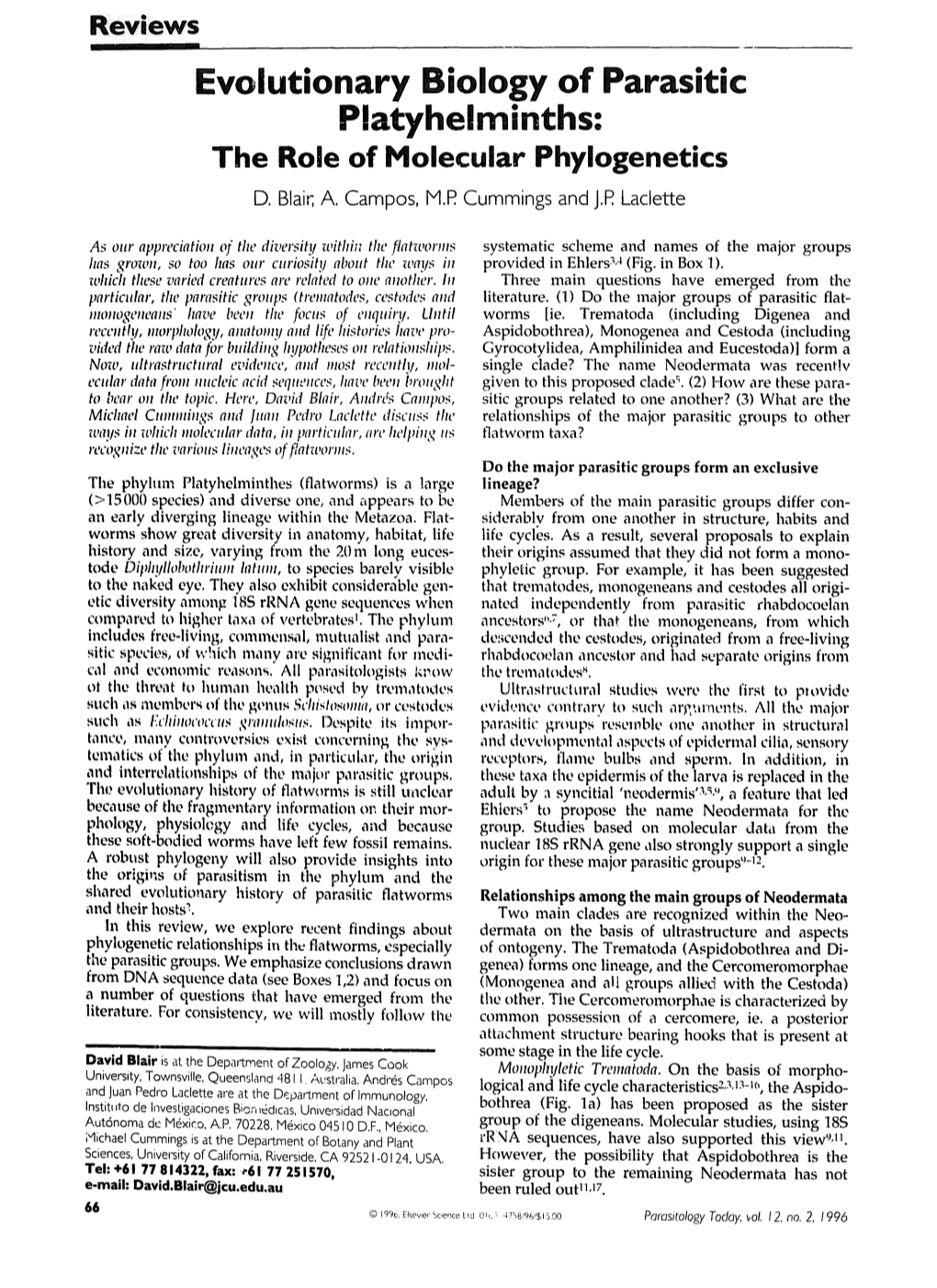 Evolutionary Biology of Parasitic Platyhelminths: the Role of Molecular Phylogenetics D