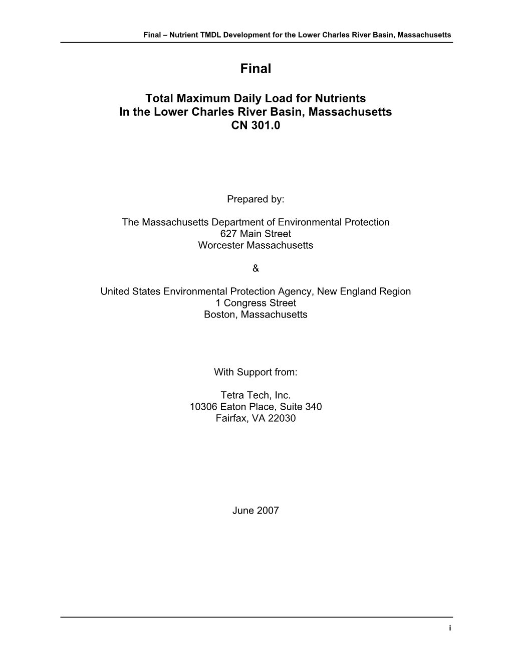 Open PDF File, 1.77 MB, for Final Phosphorus TMDL Report for the Lower Charles River Basin