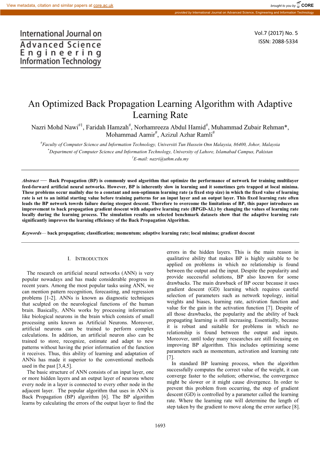 An Optimized Back Propagation Learning Algorithm with Adaptive