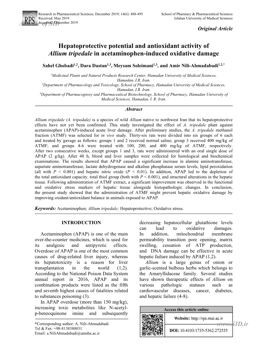 Hepatoprotective Potential and Antioxidant Activity of Allium Tripedale in Acetaminophen-Induced Oxidative Damage