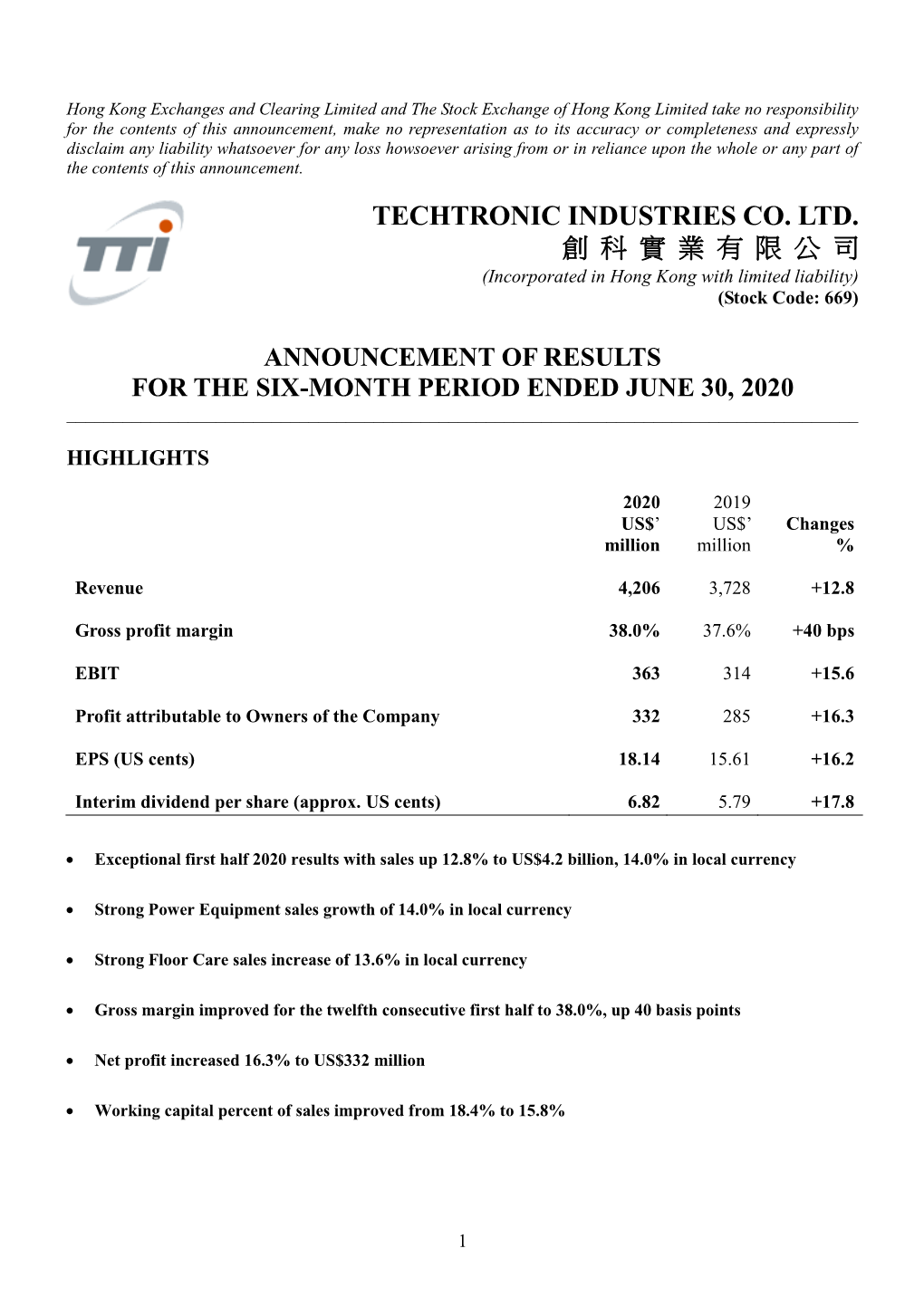 TECHTRONIC INDUSTRIES CO. LTD. 創 科 實 業 有 限 公 司 (Incorporated in Hong Kong with Limited Liability) (Stock Code: 669)