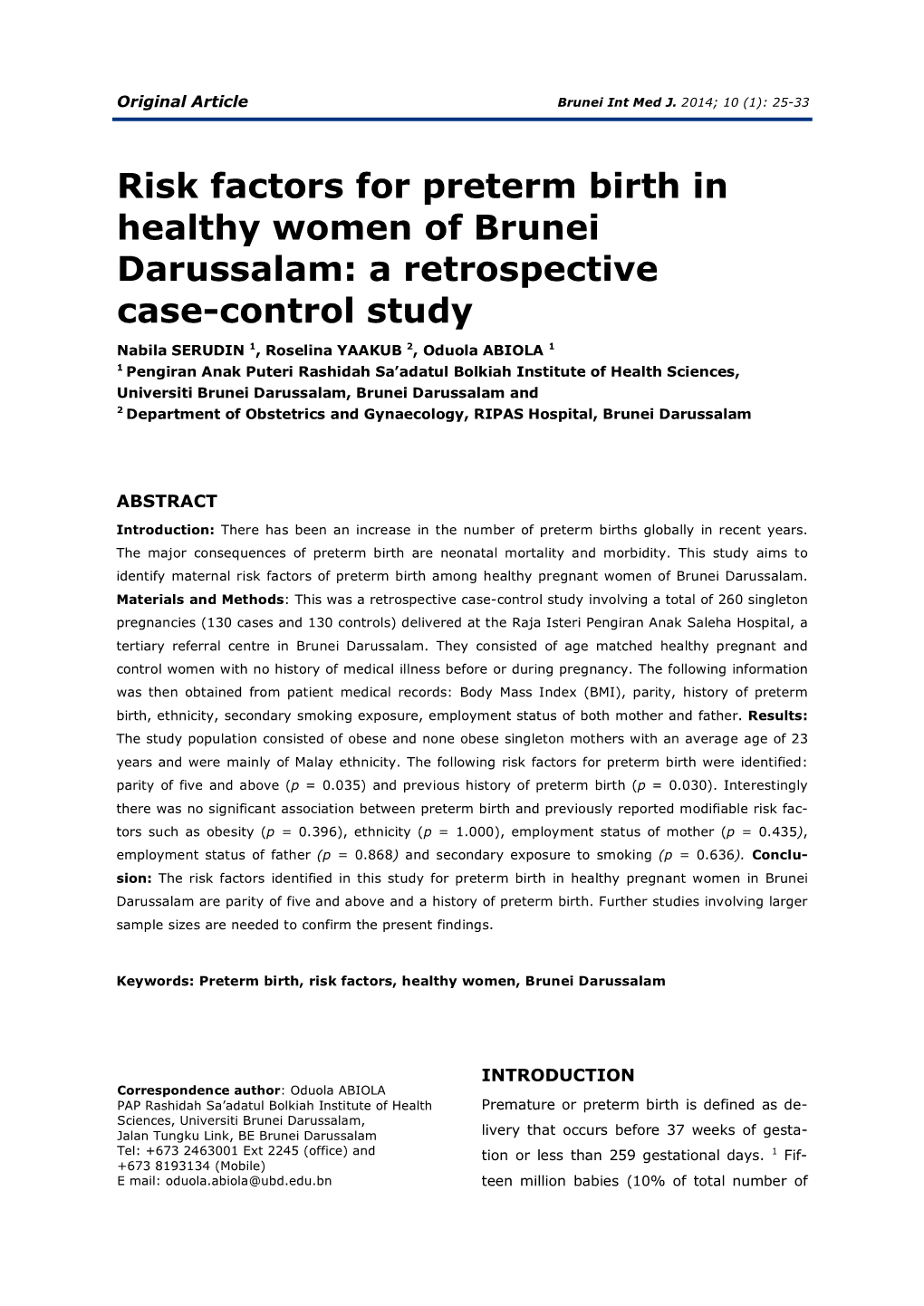 Risk Factors for Preterm Birth in Healthy Women of Brunei Darussalam: a Retrospective Case-Control Study