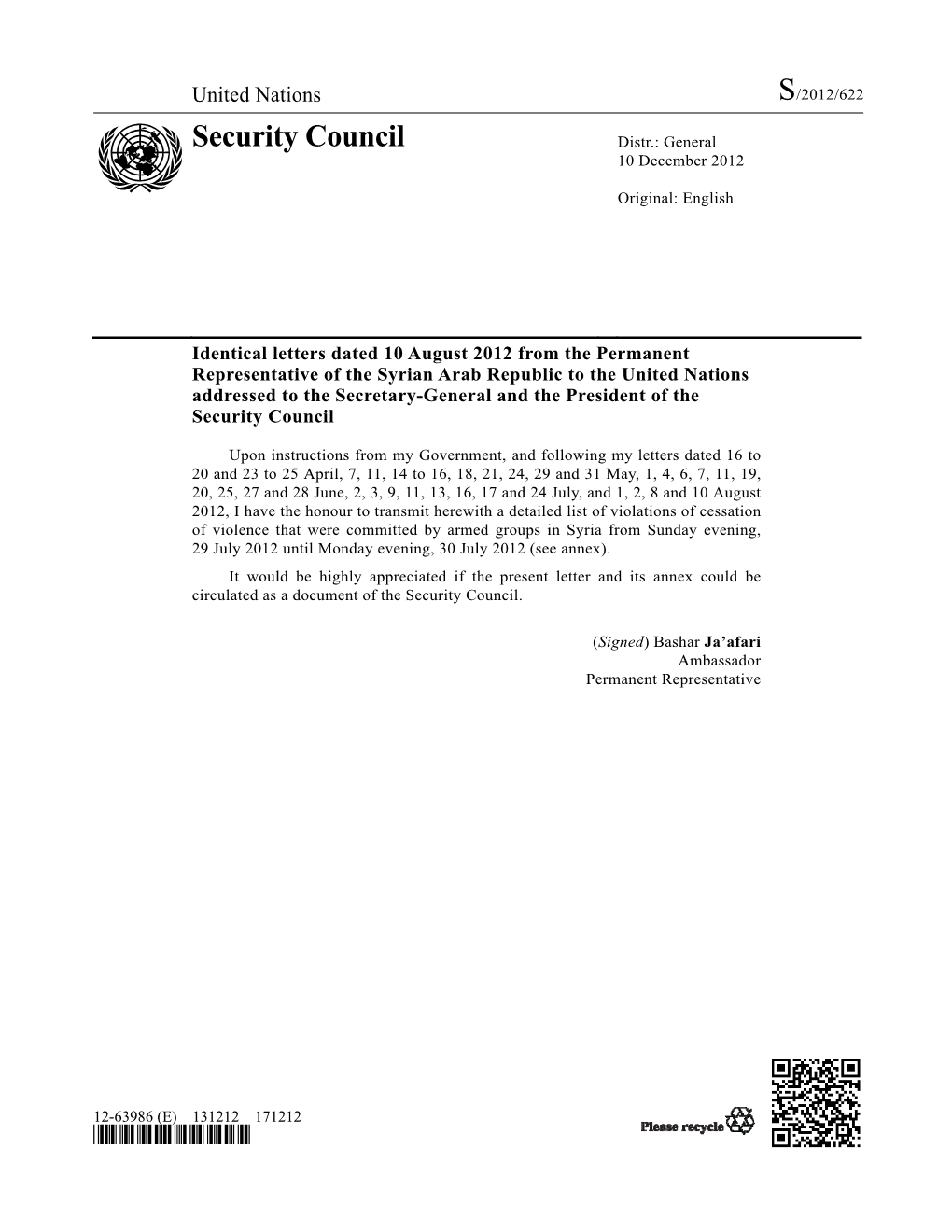 Security Council Distr.: General 10 December 2012