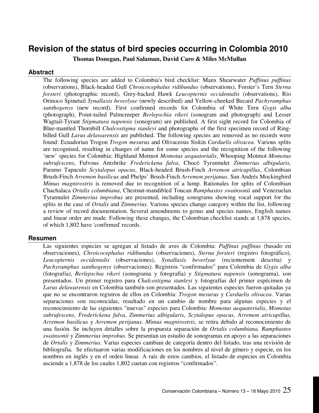 Revision of the Status of Bird Species Occurring in Colombia 2010 Thomas Donegan, Paul Salaman, David Caro & Miles Mcmullan