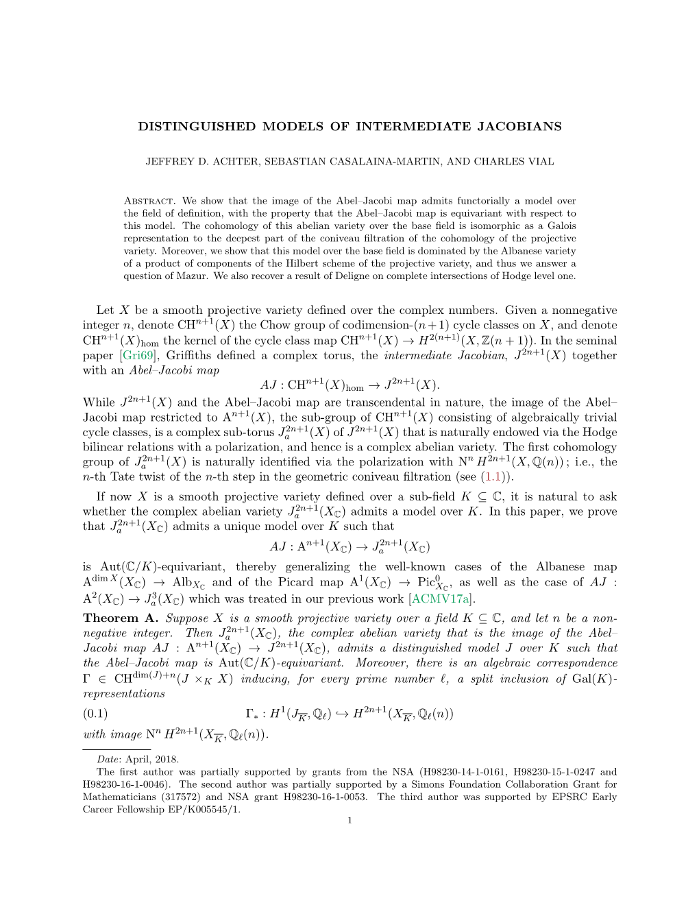 DISTINGUISHED MODELS of INTERMEDIATE JACOBIANS Let X