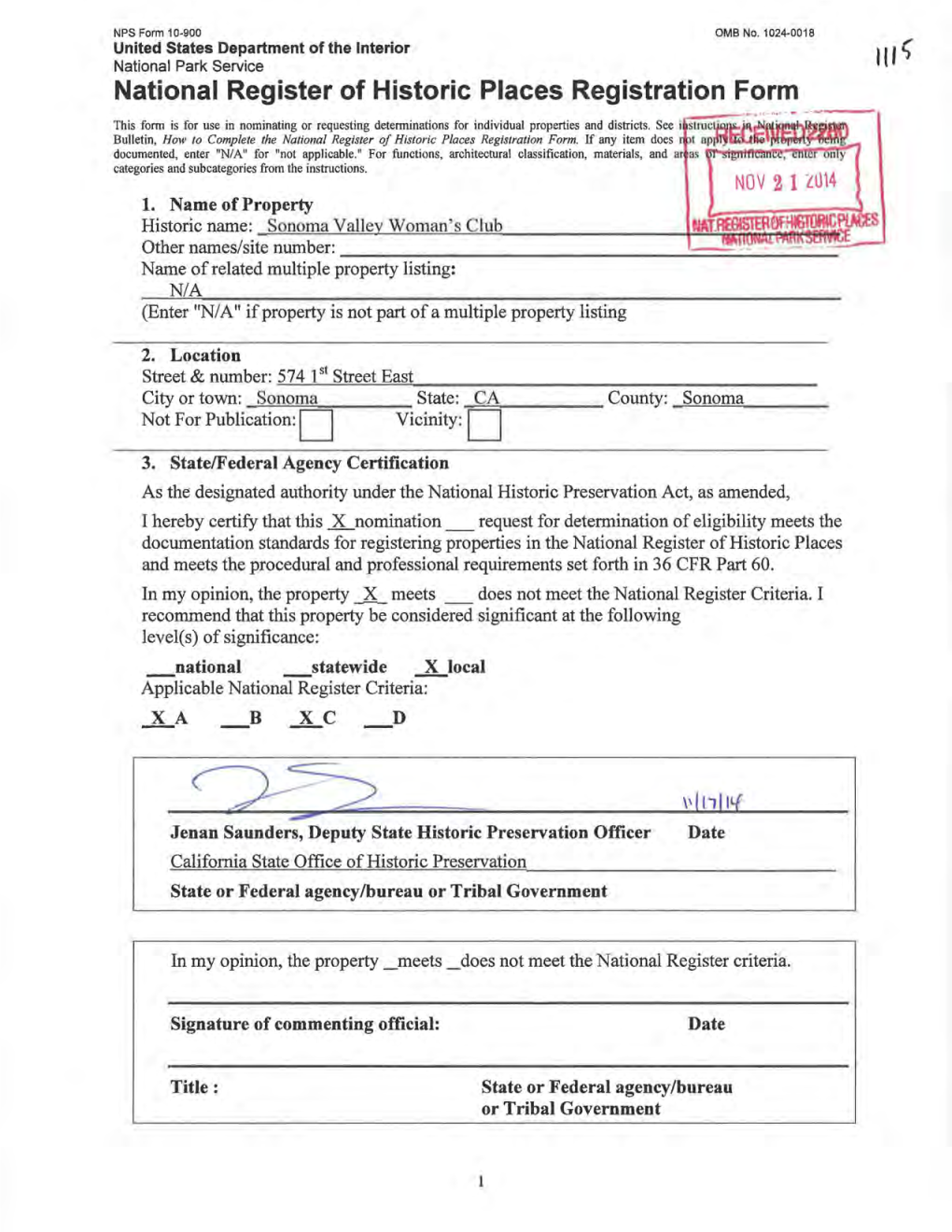 United States Department of the Interior I ( F ~ National Park Service National Register of Historic Places Registration Form
