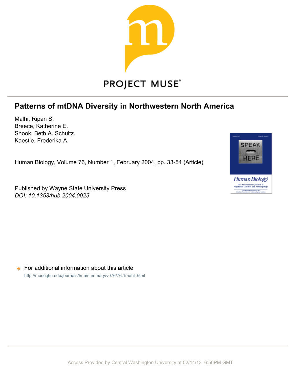 Patterns of Mtdna Diversity in Northwestern North America