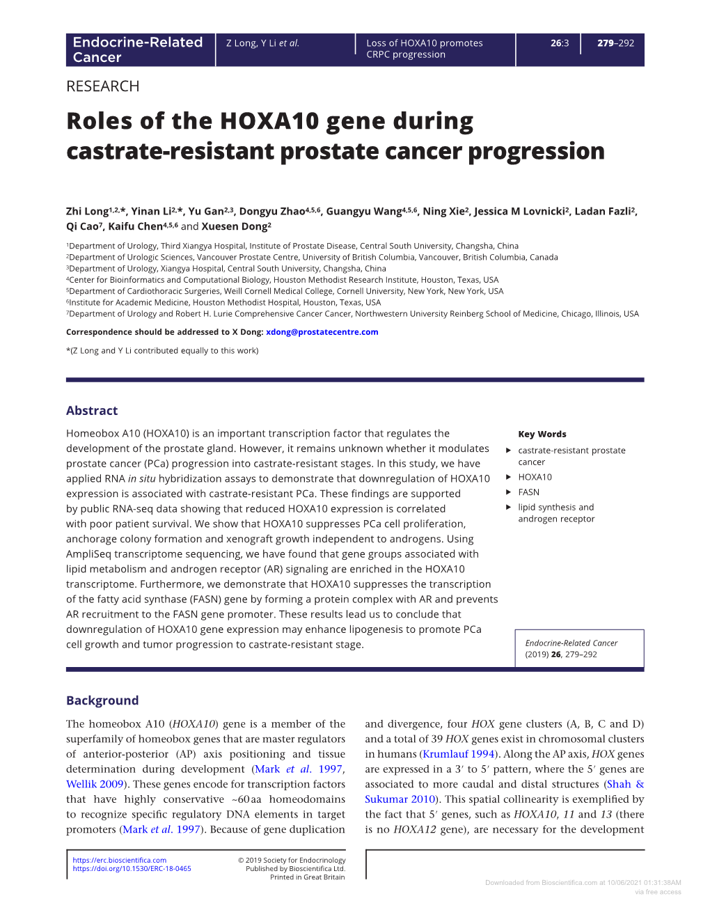 Roles of the HOXA10 Gene During Castrate-Resistant Prostate Cancer Progression