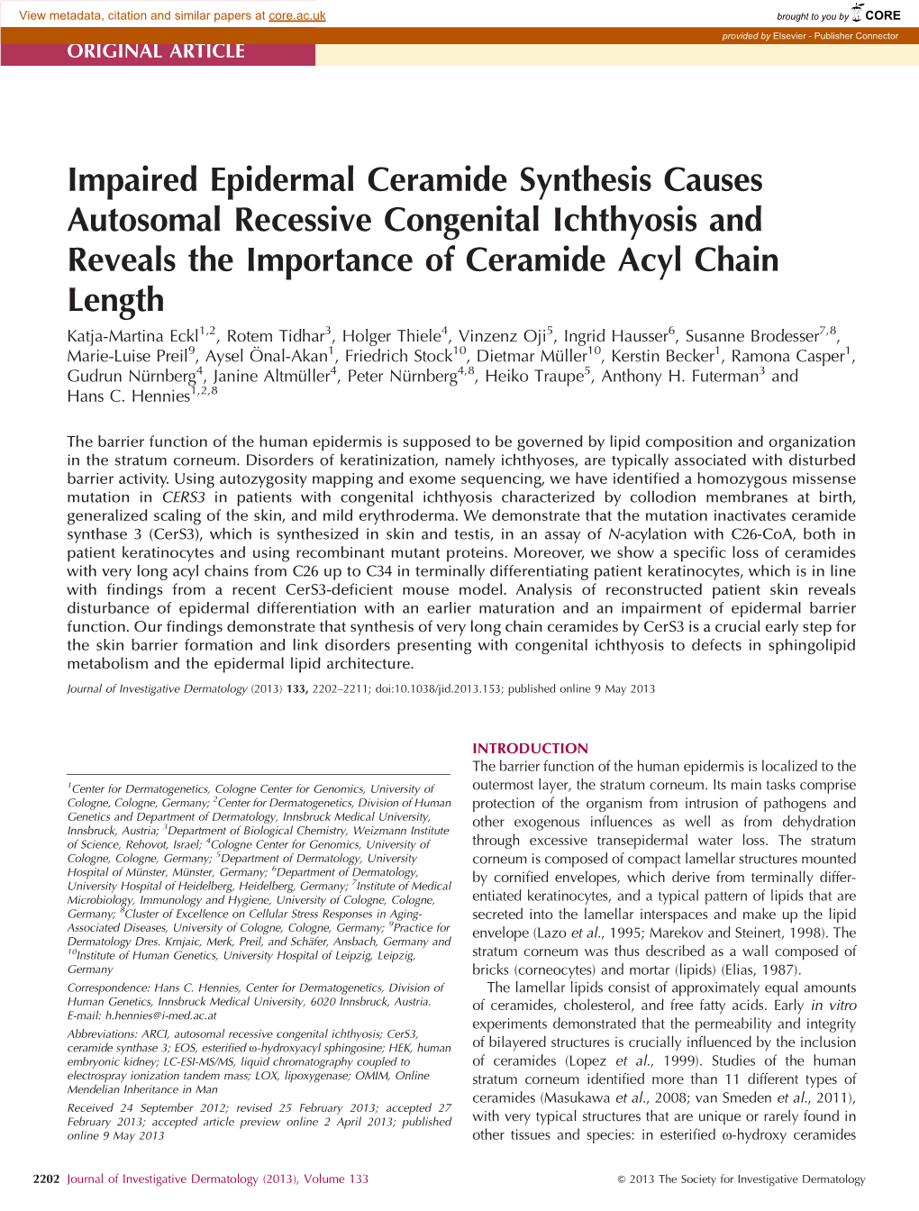 Impaired Epidermal Ceramide Synthesis Causes Autosomal