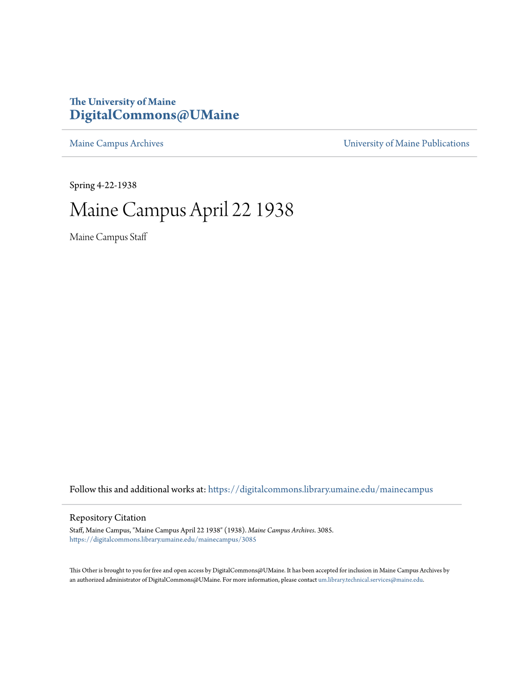 Maine Campus April 22 1938 Maine Campus Staff