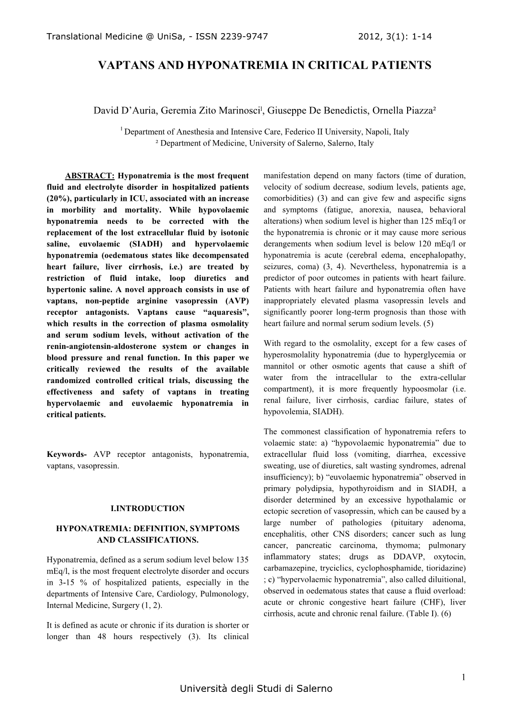 Vaptans and Hyponatremia in Critical Patients