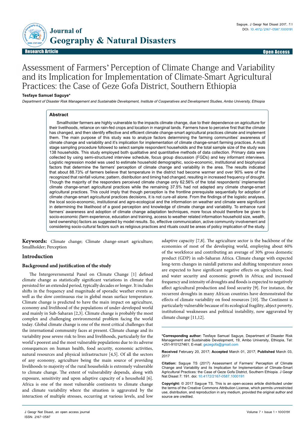 Assessment of Farmers' Perception of Climate Change and Variability And