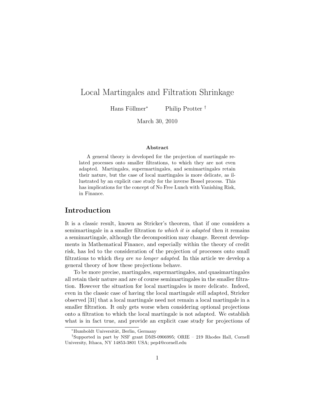 Local Martingales and Filtration Shrinkage