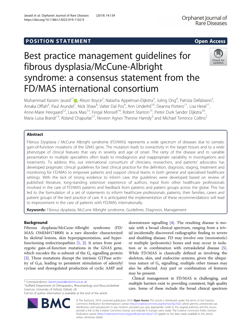 Best Practice Management Guidelines for Fibrous Dysplasia/Mccune-Albright Syndrome: a Consensus Statement from the FD/MAS Intern