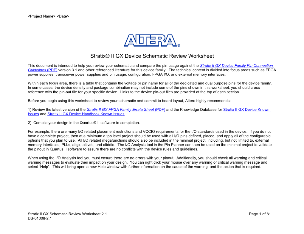 Stratix II GX Schematic Review Worksheet