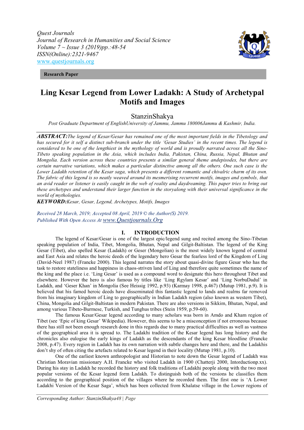 Ling Kesar Legend from Lower Ladakh: a Study of Archetypal Motifs and Images