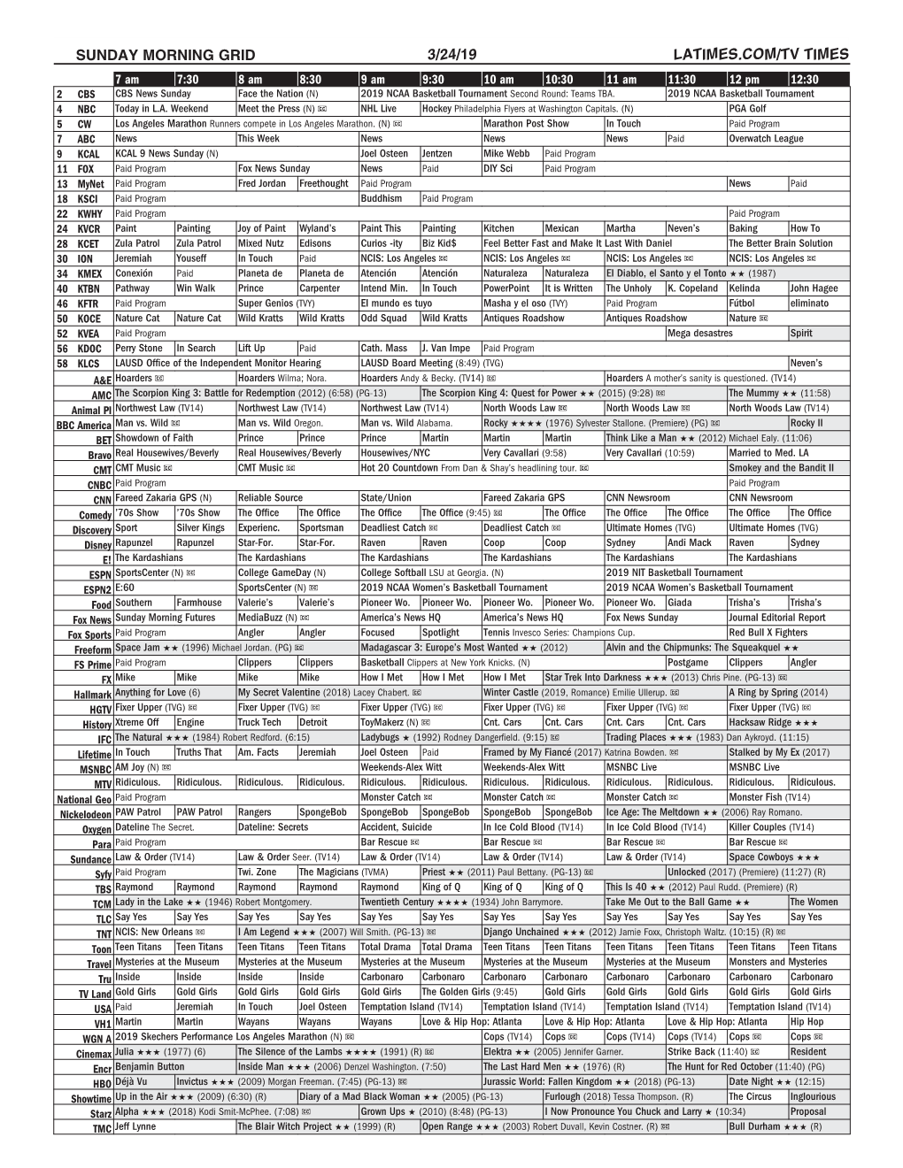 Sunday Morning Grid 3/24/19 Latimes.Com/Tv Times