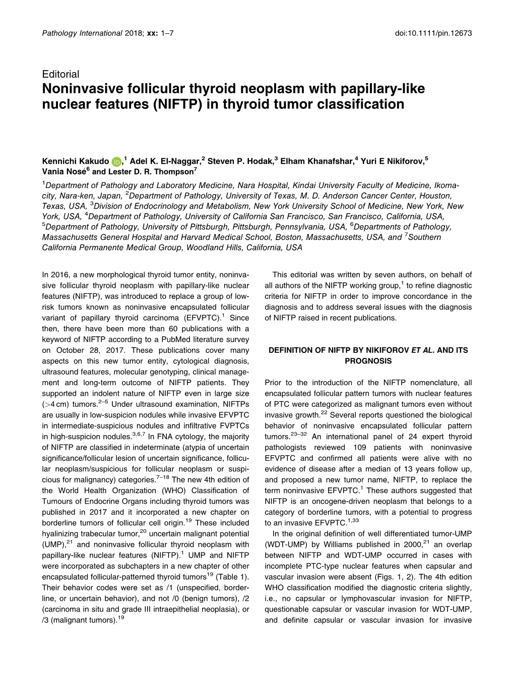Noninvasive Follicular Thyroid Neoplasm with Papillary-Like Nuclear Features (NIFTP) in Thyroid Tumor Classification