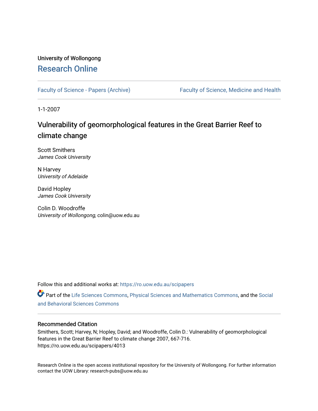 Vulnerability of Geomorphological Features in the Great Barrier Reef to Climate Change