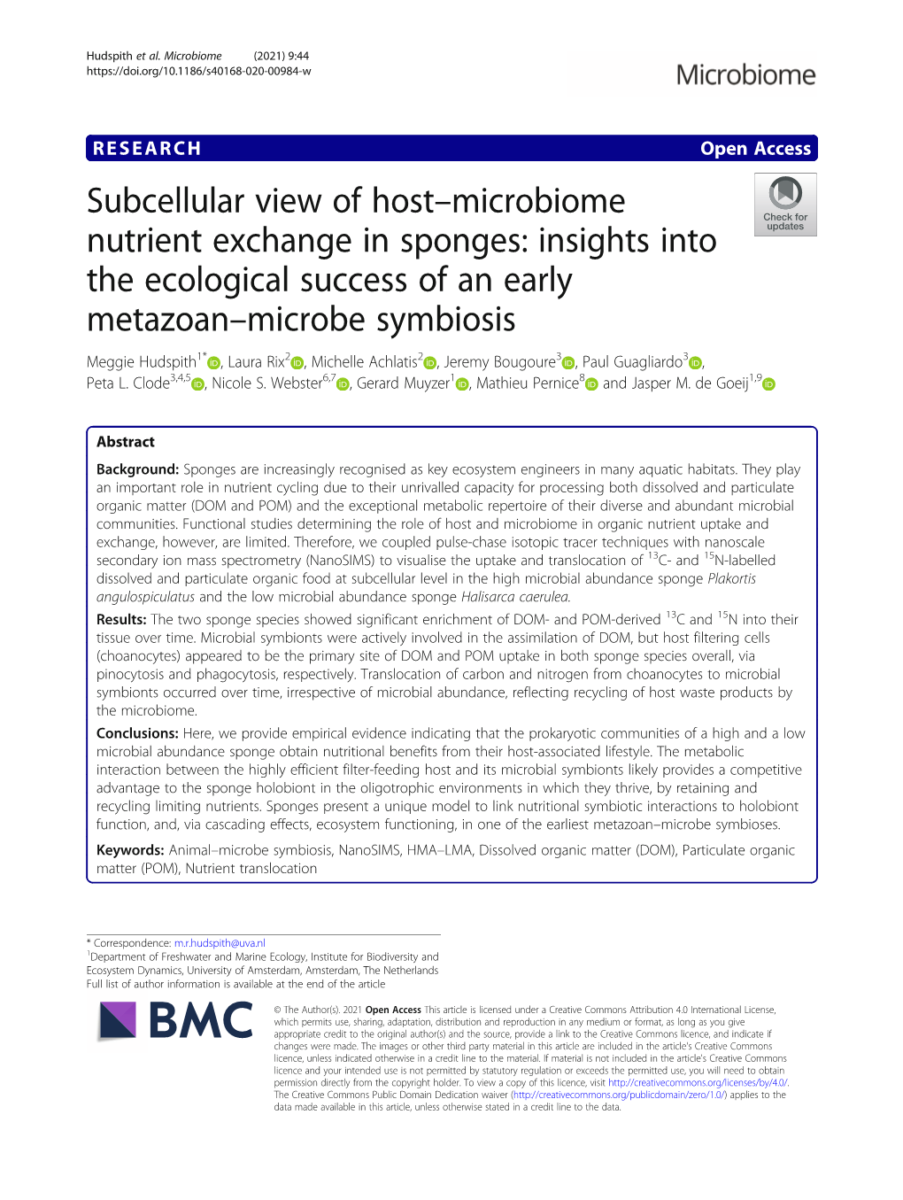 Subcellular View of Host–Microbiome Nutrient Exchange in Sponges