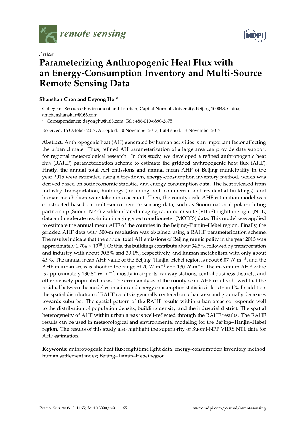Parameterizing Anthropogenic Heat Flux with an Energy-Consumption Inventory and Multi-Source Remote Sensing Data