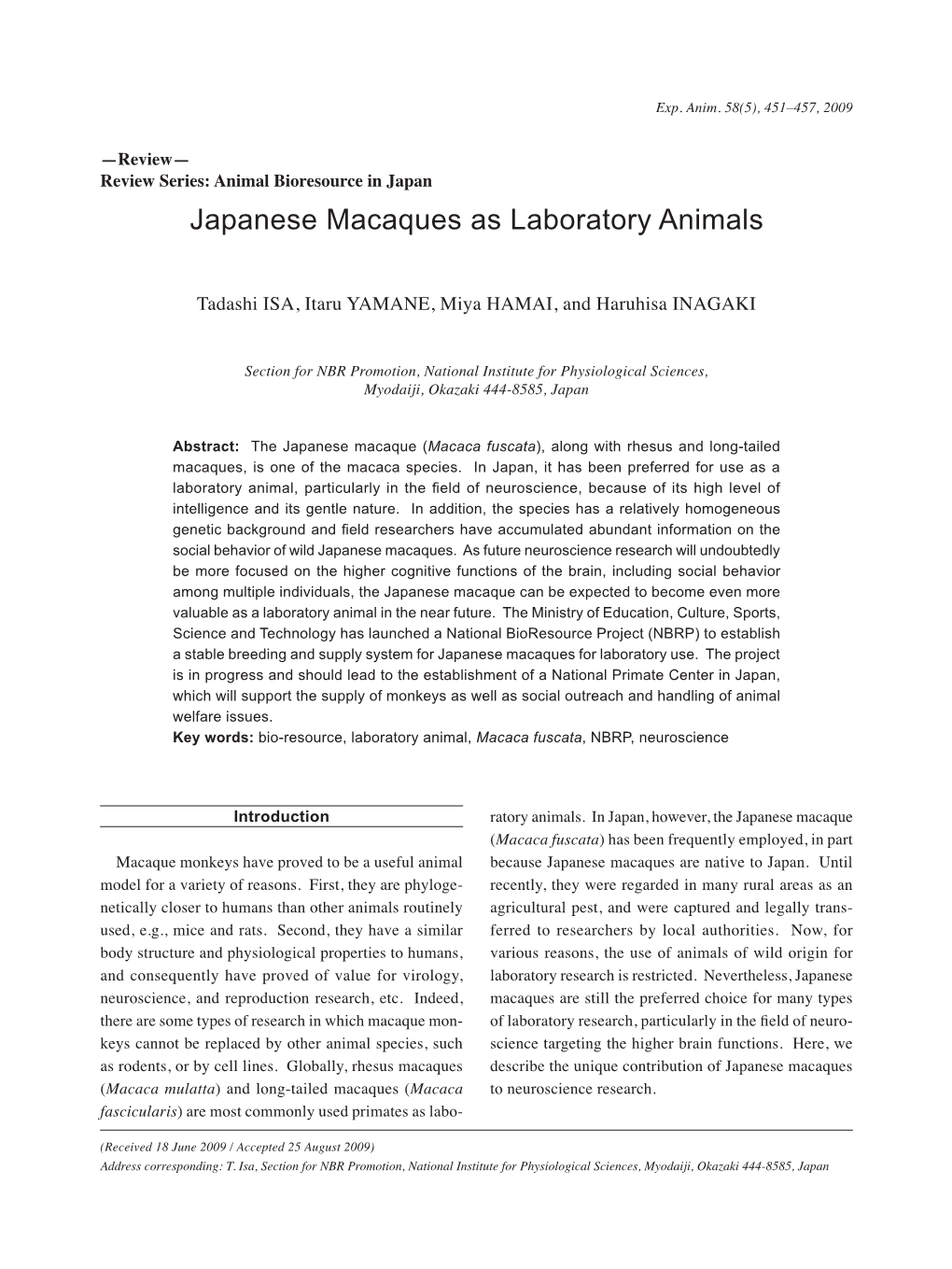 Japanese Macaques As Laboratory Animals