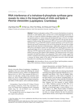 RNA Interference of a Trehalose-6-Phosphate Synthase Gene Reveals Its Roles in the Biosynthesis of Chitin and Lipids in Heortia Vitessoides (Lepidoptera: Crambidae)