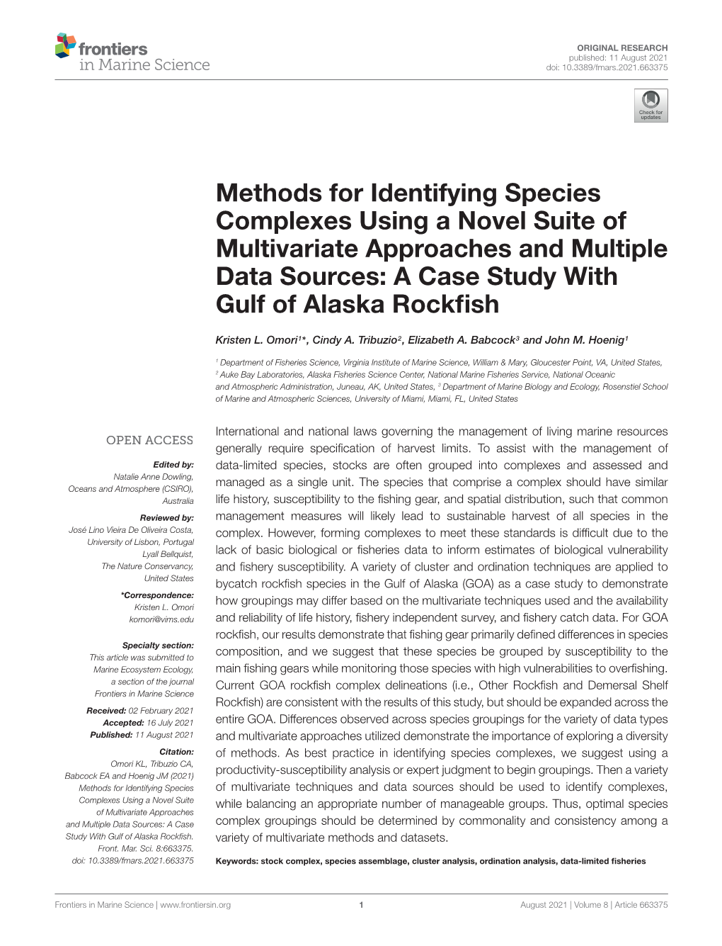 Methods for Identifying Species Complexes Using a Novel Suite of Multivariate Approaches and Multiple Data Sources: a Case Study with Gulf of Alaska Rockﬁsh