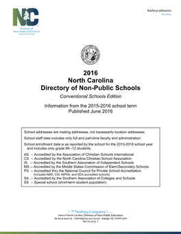 2016 North Carolina Directory of Non-Public Schools