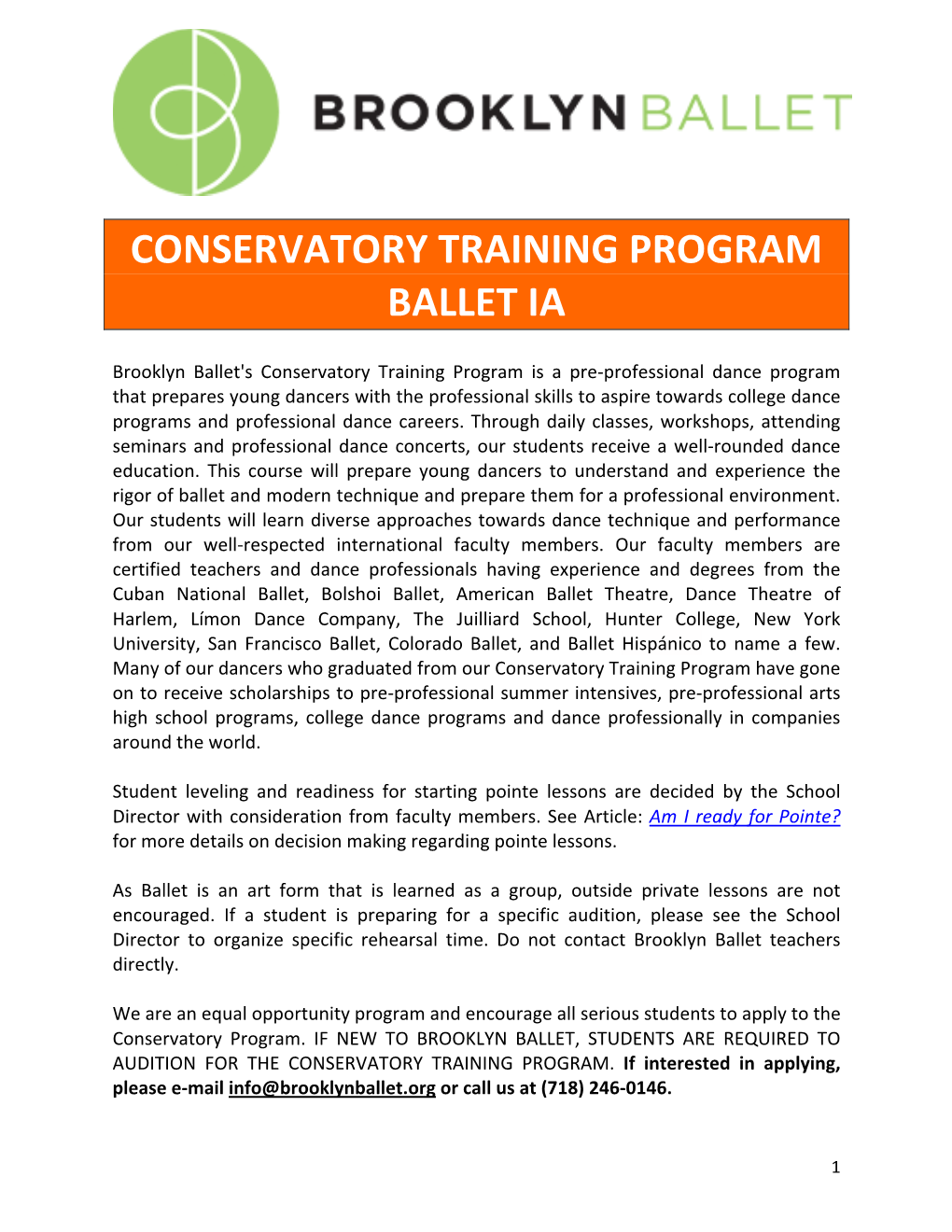Conservatory Training Program Ballet Ia