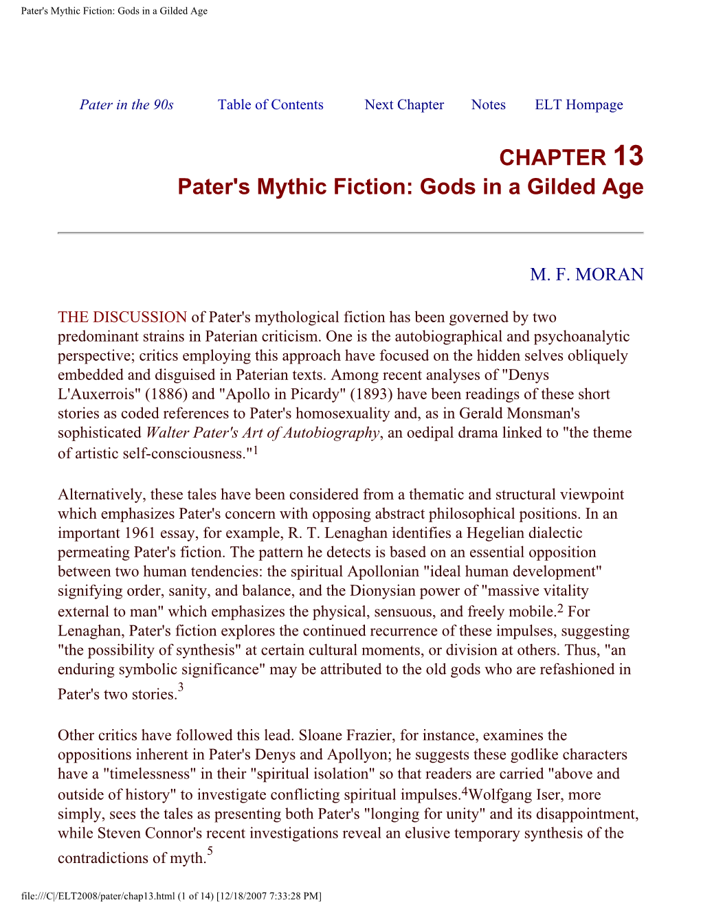 Pater's Mythic Fiction: Gods in a Gilded Age