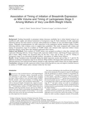 Association of Timing of Initiation of Breastmilk Expression on Milk Volume and Timing of Lactogenesis Stage II Among Mothers of Very Low-Birth-Weight Infants