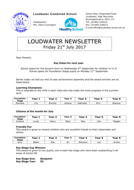 LOUDWATER NEWSLETTER Friday 21St July 2017