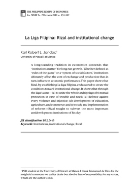 La Liga Filipina: Rizal and Institutional Change