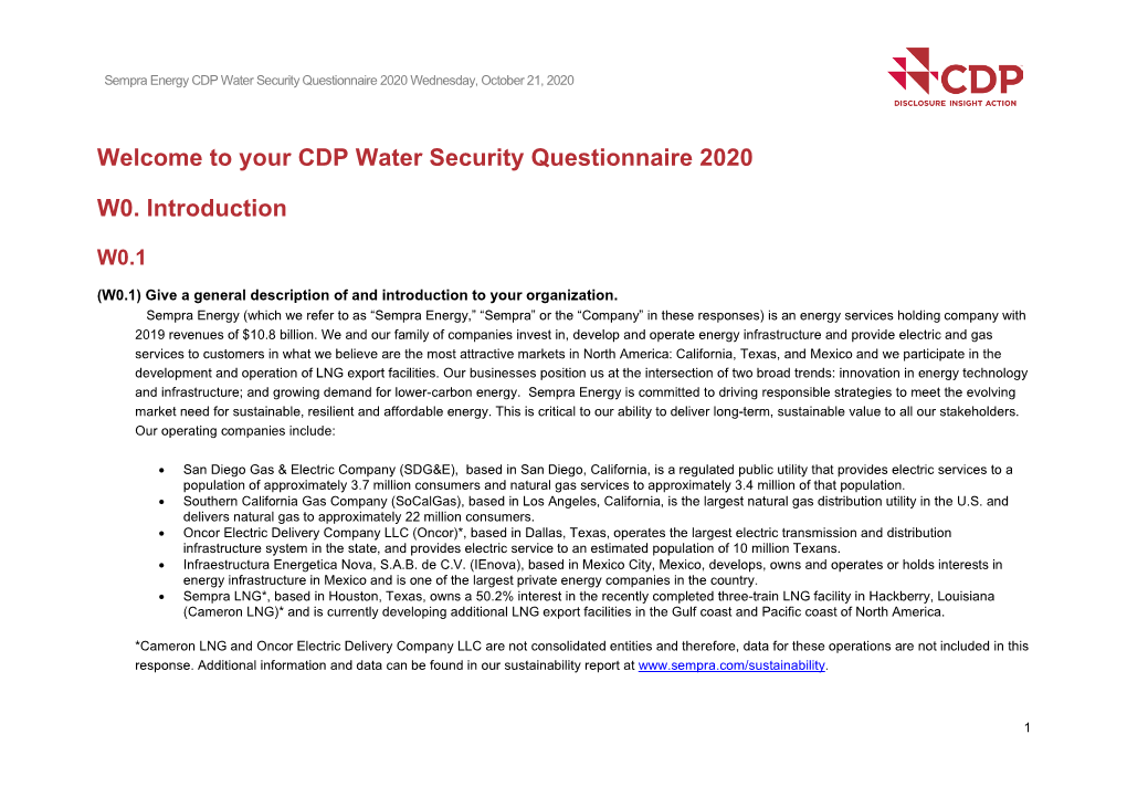 Welcome to Your CDP Water Security Questionnaire 2020 W0. Introduction