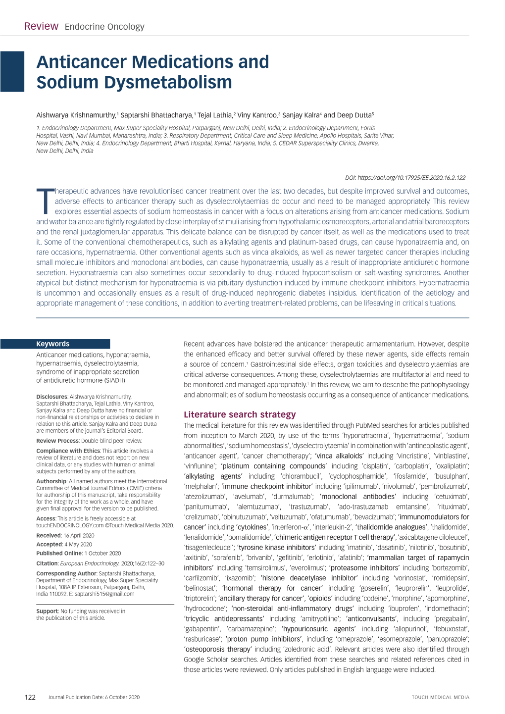 Anticancer Medications and Sodium Dysmetabolism