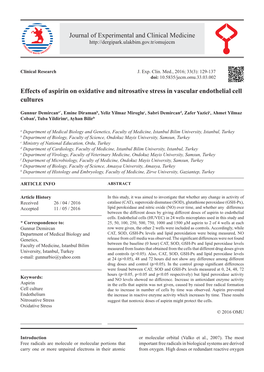 Effects of Aspirin on Oxidative and Nitrosative Stress in Vascular Endothelial Cell Cultures