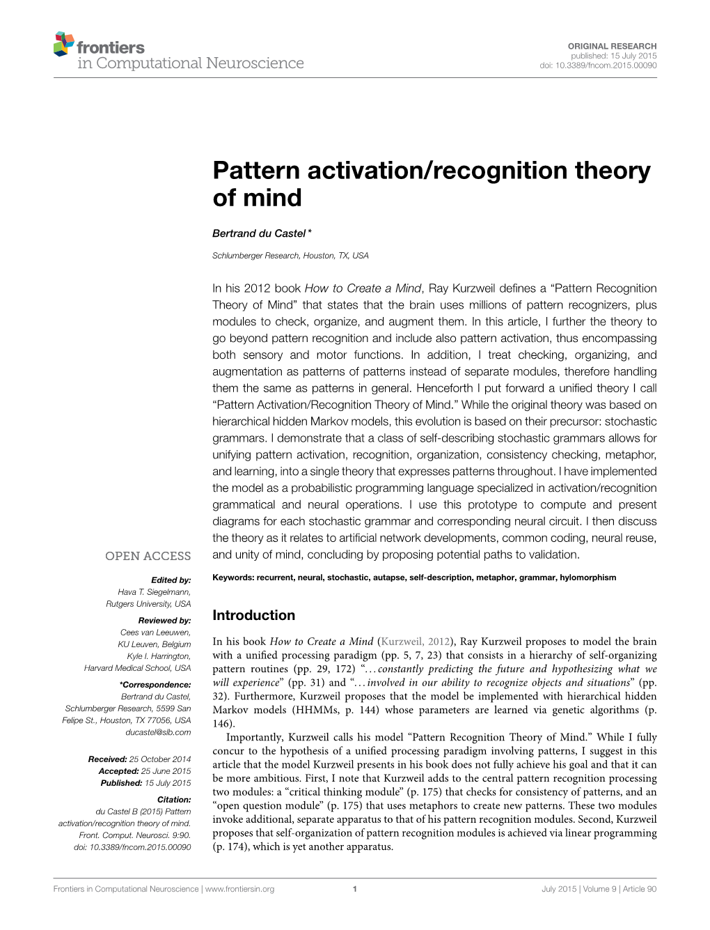 Pattern Activation/Recognition Theory of Mind