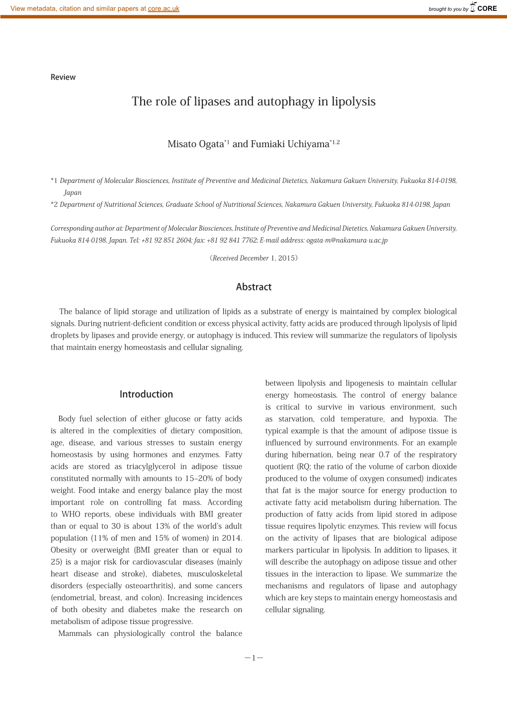 The Role of Lipases and Autophagy in Lipolysis