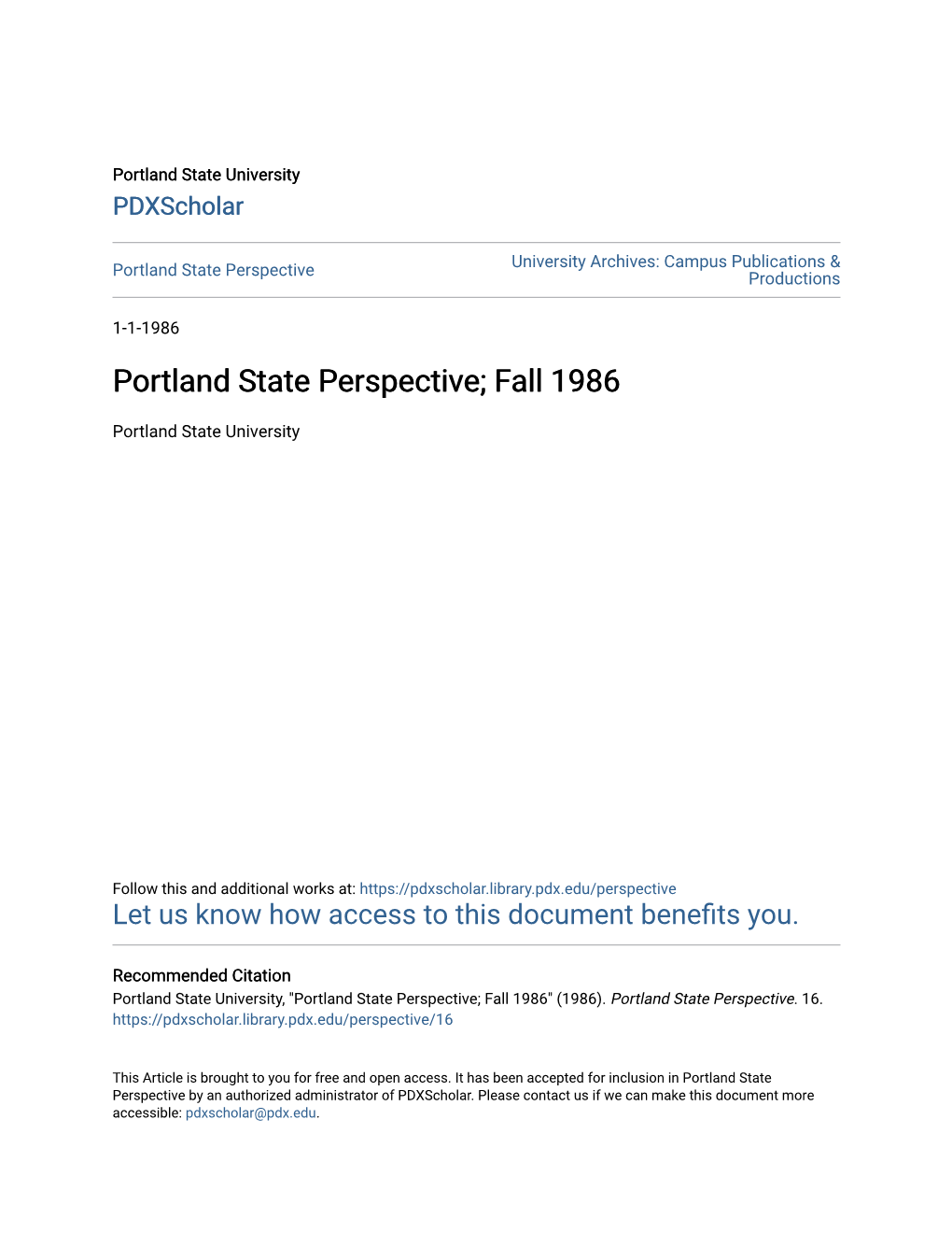 Portland State Perspective; Fall 1986