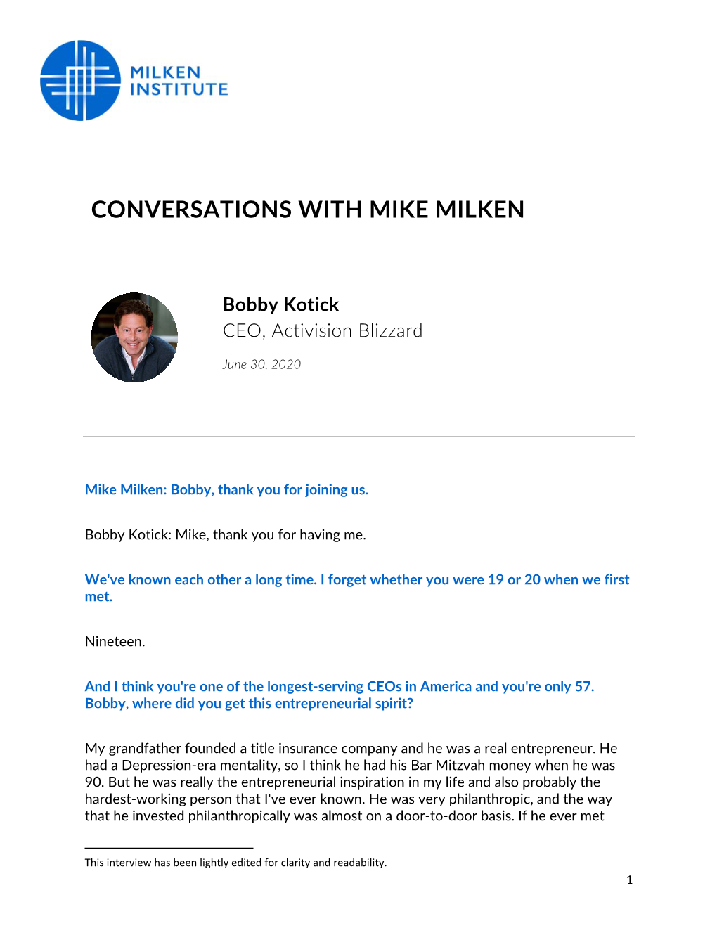 CONVERSATIONS with MIKE MILKEN Bobby Kotick