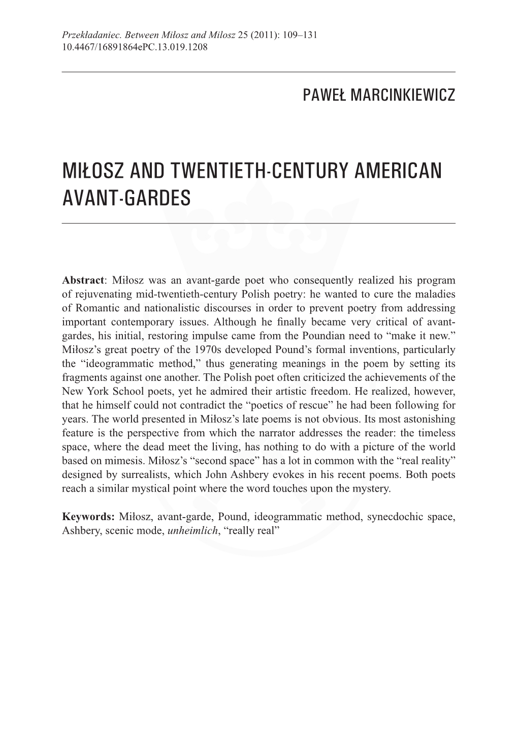 Miłosz and Twentieth-Century American Avant-Gardes