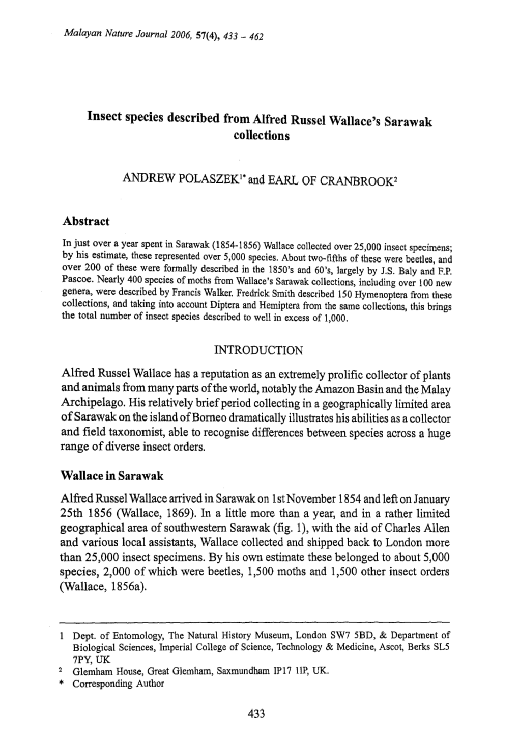 Insect Species Described from Alfred Russel Wallace's Sarawak Collections