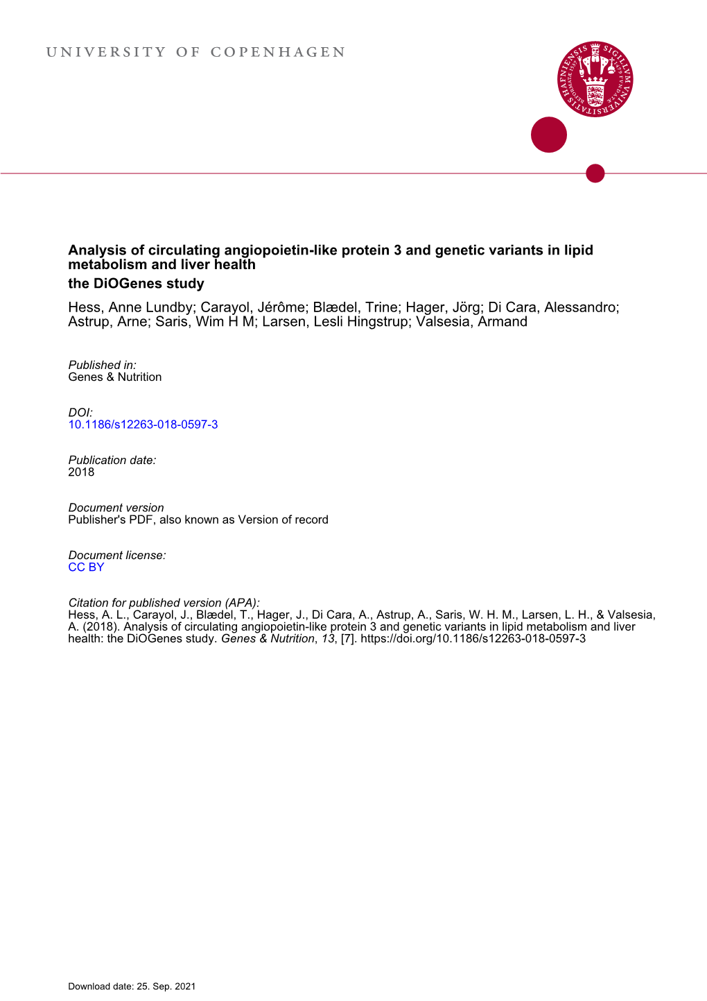 Analysis of Circulating Angiopoietin-Like Protein 3 And