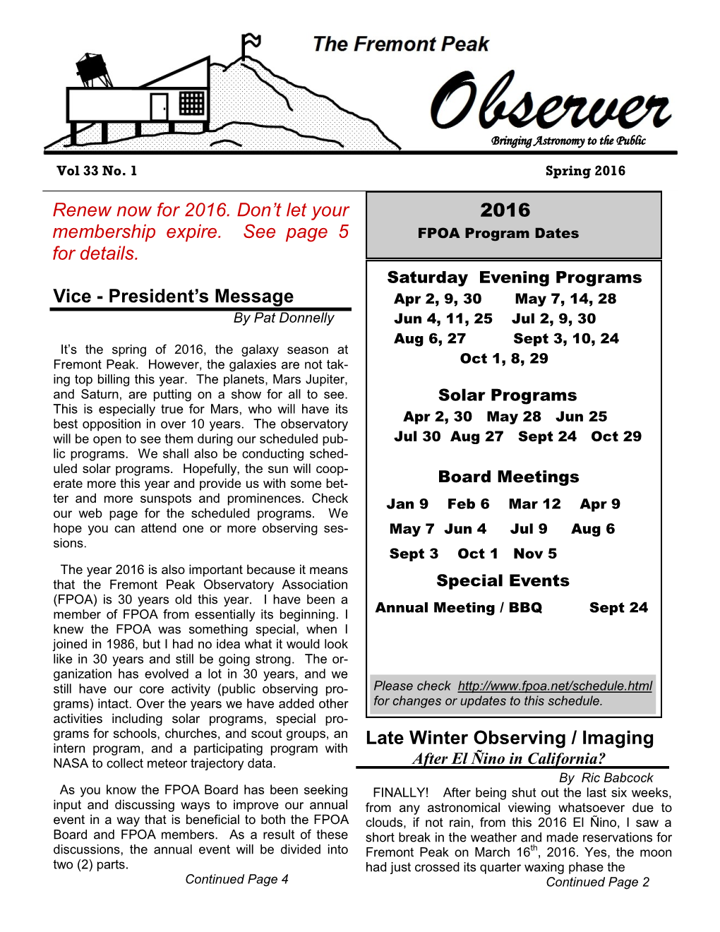 2016 Late Winter Observing / Imaging Vice