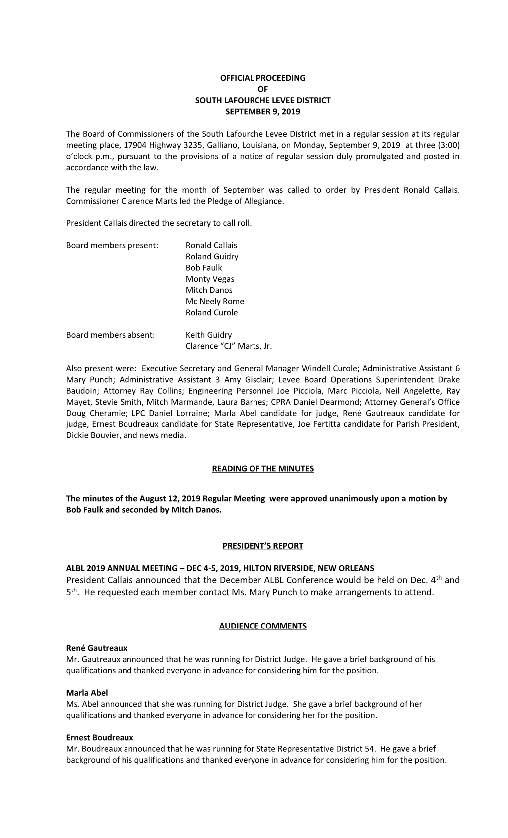 Official Proceeding of South Lafourche Levee District September 9, 2019