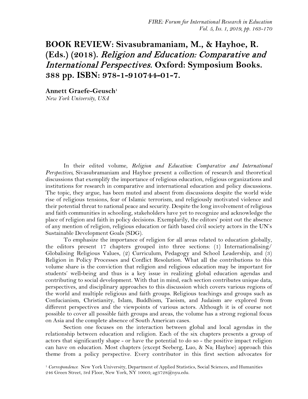 Religion and Education: Comparative and International Perspectives. Oxford: Symposium Books